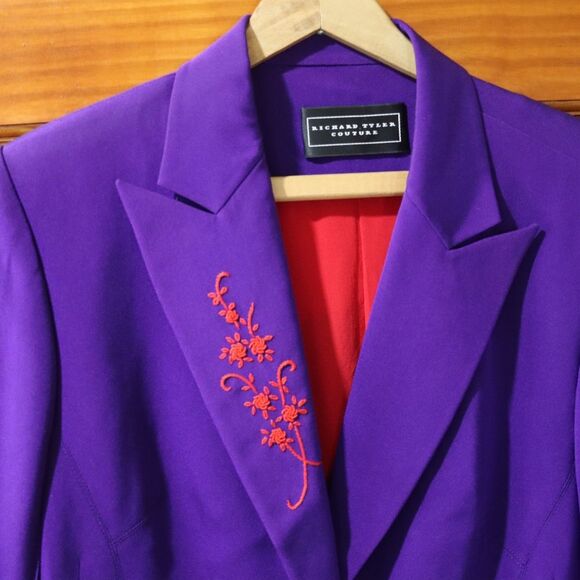 Richard Tyler Couture Vintage Purple & Red Embroidered Silk Blazer 12 - Picture 2 of 15